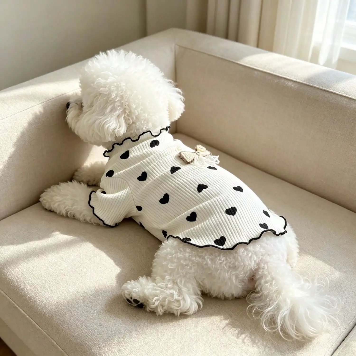 1 Stück geripptes Oberteil mit Herzmuster für kleine Hunde mit Spitzenschleife, lässiges Haustier-Shirt – Detail 20