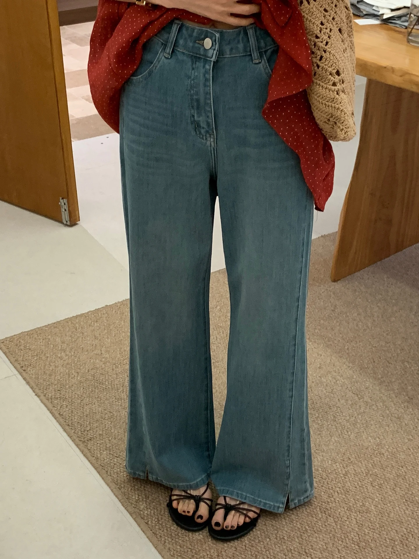 

High Waist Flared Jeans Women's Spring New Pants Slit Design Slimming Wide Leg Pants Denim Blue Color Ladies Premium Quality