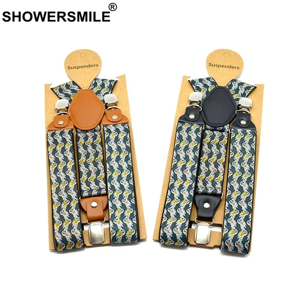 SHOWERSMILE Print Suspender Pants Men Floral Navy Male Brace With Leather 3 Clips Y Back Adjustable Adult Suspenders 120cm*3.5cm