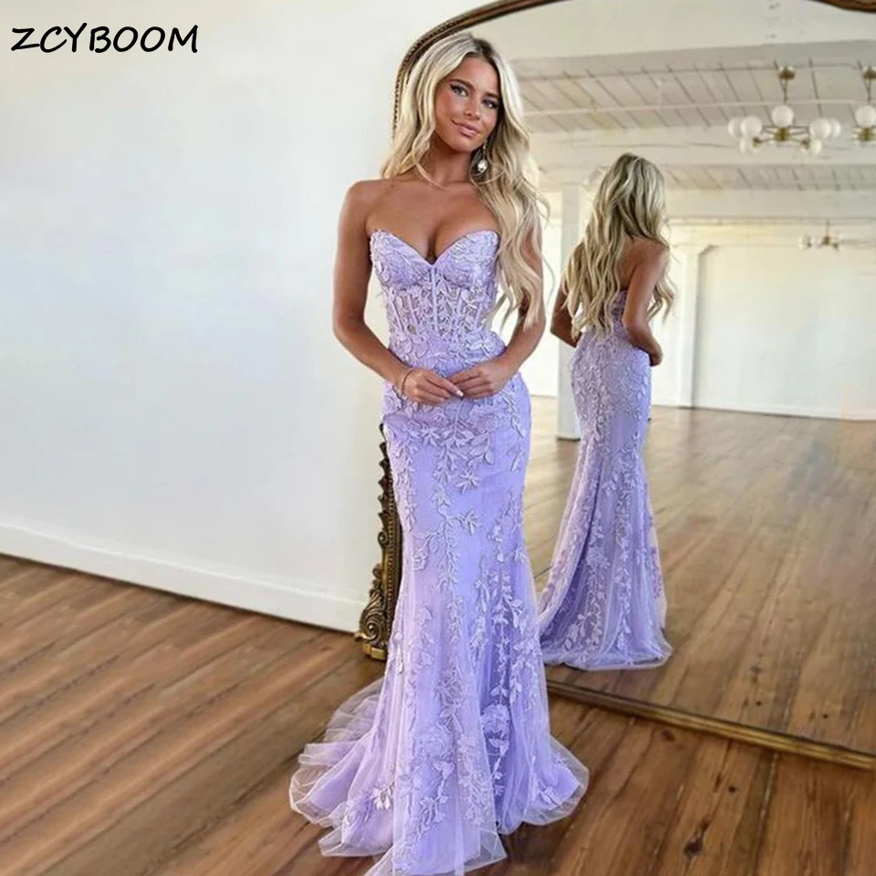 

Sexy Lilac Lace Appliques Mermaid Prom Dress For Wedding Party 2023 Strapless Lace Up Corset Back Sweetheart Women Evening Gowns