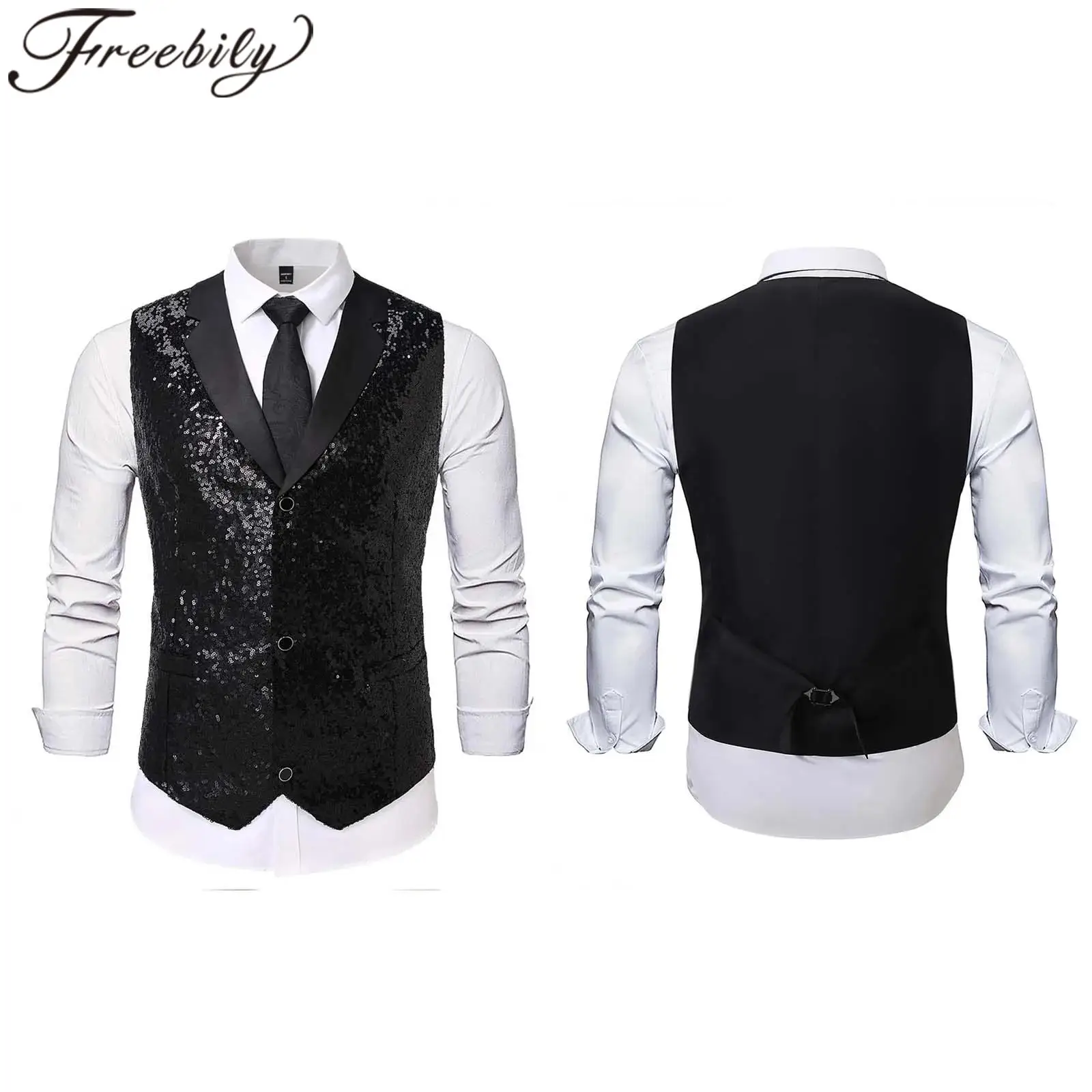 

Disco Wedding Outfits Men's Waistcoat Lapel Vests Shiny Sequin Slim Button-down Formal Dress Vest Tank Tops Club Party Costumes