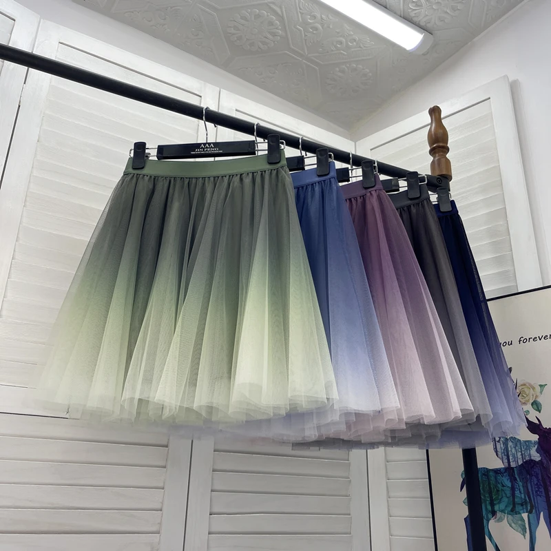 Graduated Color Mesh Short Skirt Women\'s High Waist A-Line Maxi Skirt Versatile Fluffy Base Half-length Skirt Summer Korean S...