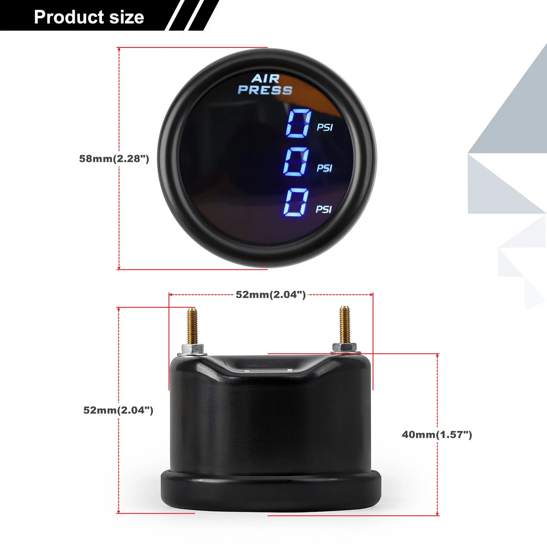 Air Pressure Gauge Three Display 52mm Aluminum Shell PSI Air Suspension Blue LED With 1/8NPT Electrical Sensors 5 Meter Wire