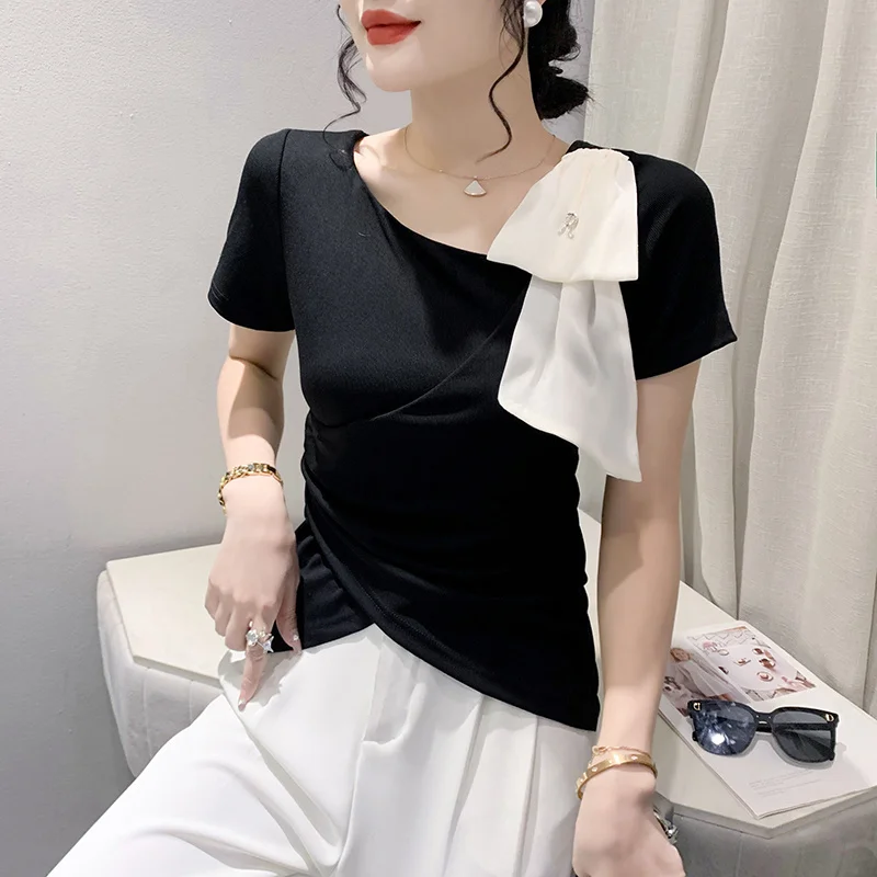 #5867 Black White Irregular T Shirt Women Split Joint Ruffles Slim Short T-shirt Female Sexy Streetwear Hip Hop T Shirt Summer