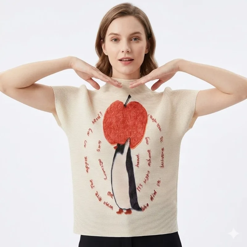 

Женская футболка Miyake с принтом и плиссировкой, весна-лето 2026, легкая, высокоэластичная, приталенная, с эффектом стройности, из ткани «кукурузное зерно»