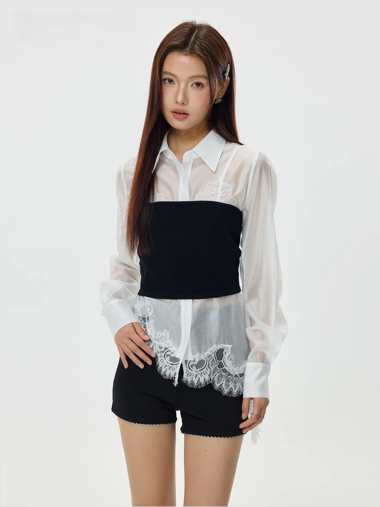 

Sweet And Cool Style Lace Trim Shirt And Vest Set Long Sleeve Women's Fashion Spring Outfit Two-Piece Set Loose Fit Striped P...