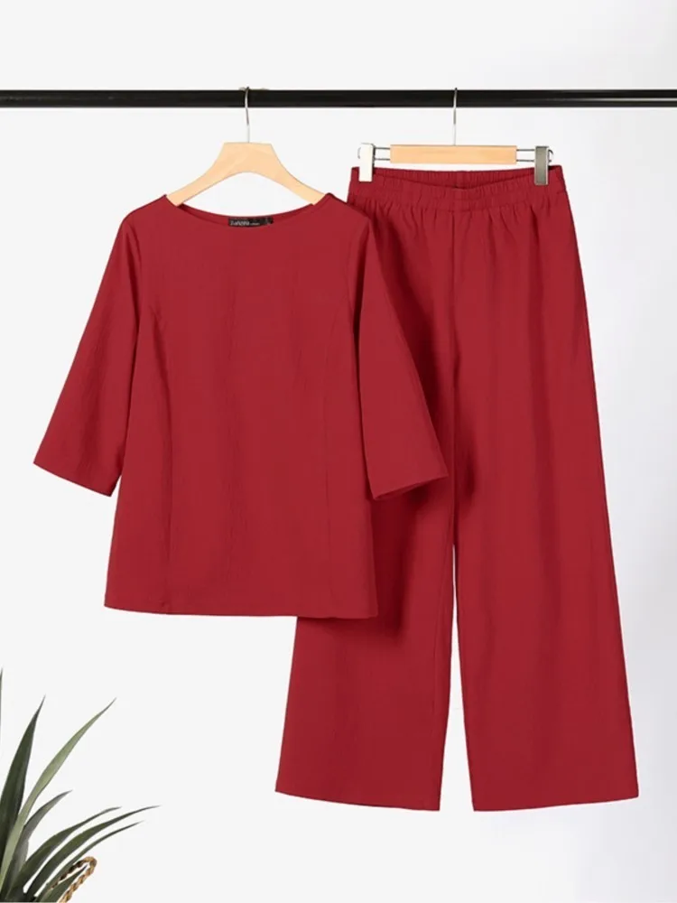 Cotton And Linen O-neck Half-sleeved Top + Wide-leg Pants 2-piece Set Women Fashion Spring Summer Solid Color Simple Loose Suit