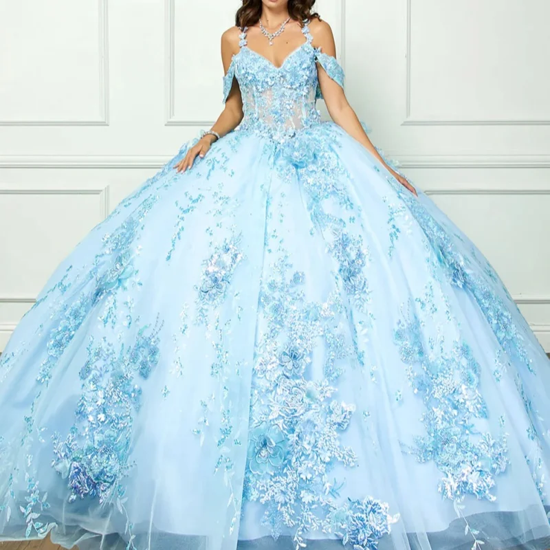 

Sky Blue Quinceanera Dresses Off Shoulder Ball Gown Sweet 16 Dress Applique Lace Beads Tull Birthday Party Vestidos 15 De Anos