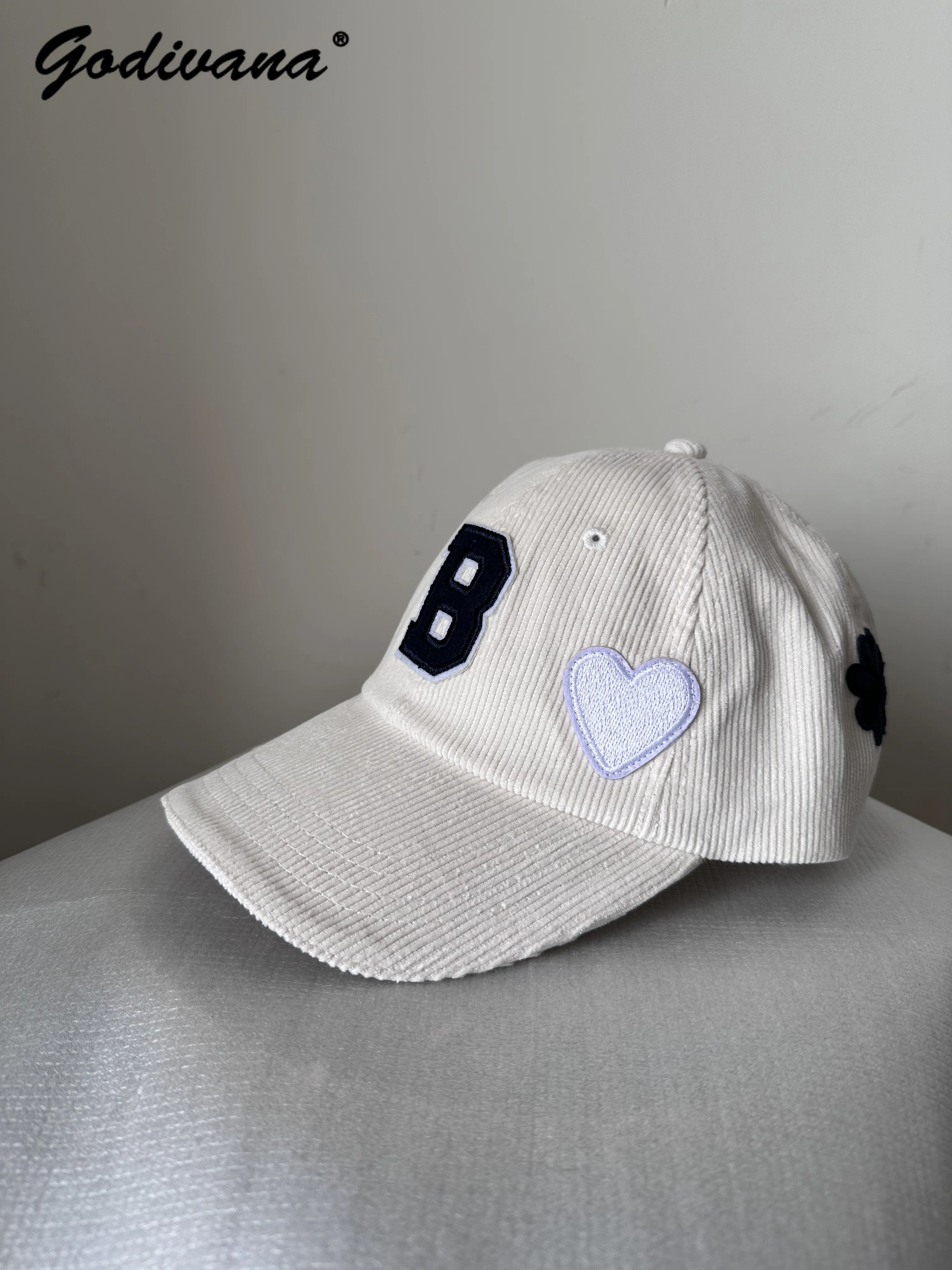 Japanese Style Drawstring Floral Heart Embroidered Women's Cap Hats Female Corduroy Cotton Baseball Caps