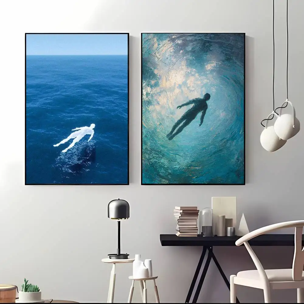 Deep Ocean Back view of a person Silhouette Poster, Underwater Blue Sea Swimming Figure Print