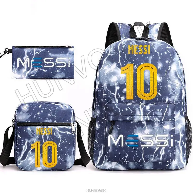 Mochila de fútbol de 3 piezas para niños y mujeres, morral escolar con diseño de superestrellas, Messi, ideal para viaje, portátil, estudiantes