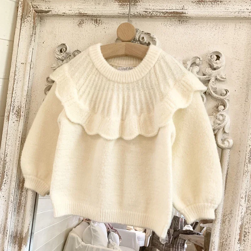 Winter Kids Cloak Sweater Autumn Girls Sweaters Long Sleeved Solid Color Mink Baby Girl Knitted Pullover Warm Baby Girls Sweater