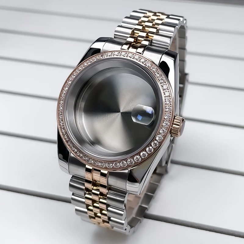 36mm/39mm NH35 Case 2T Rose Gold DJ President Jubile Strap Diamond Bezel Sapphire Glass Mod For NH35 NH36 Movement Watch Case