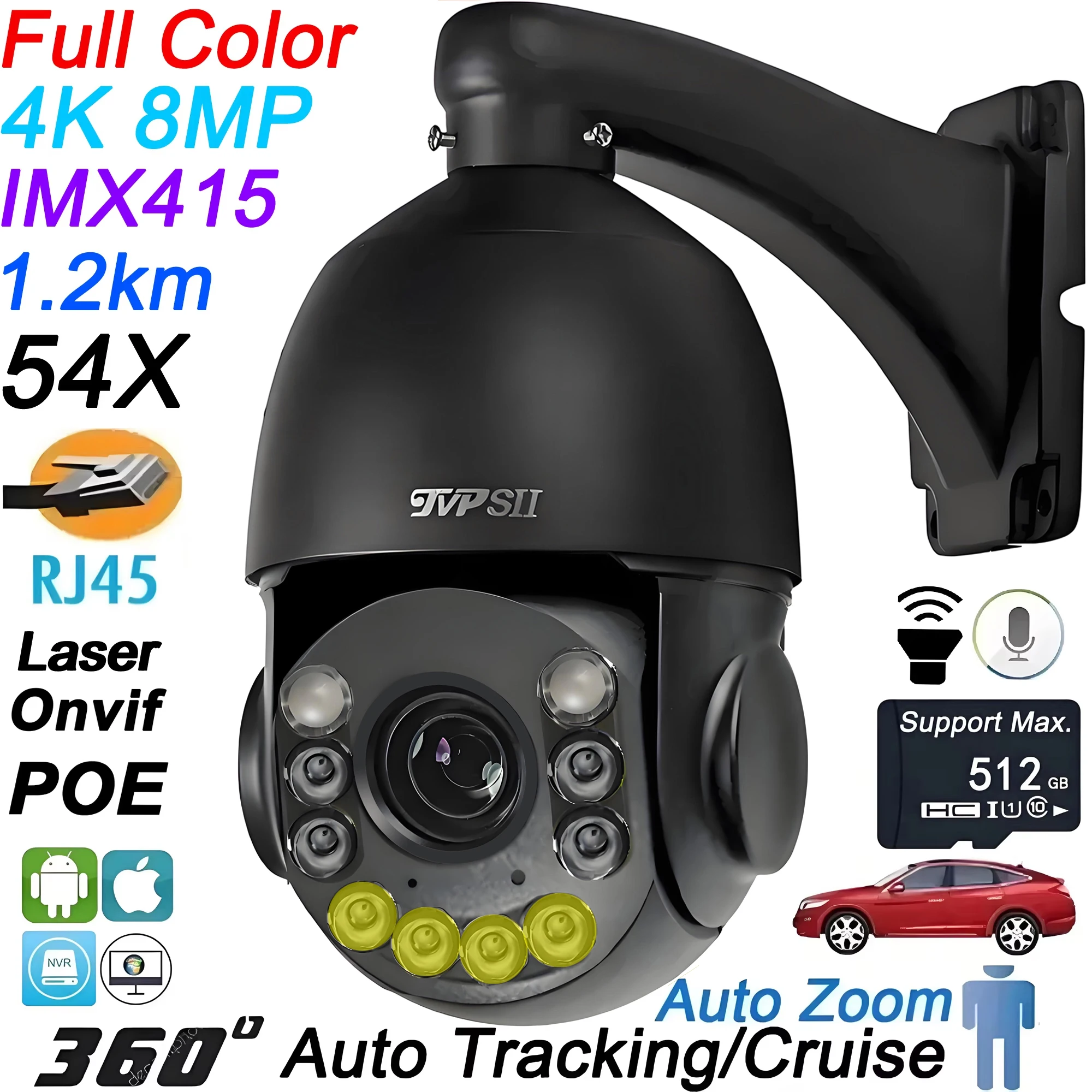 Max.512G Metal Laser Infrared Auto Tracking 8MP 4K 54X Optical Zoom 360° Audio ONVIF POE PTZ Surveillance Speed Dome IP Camera