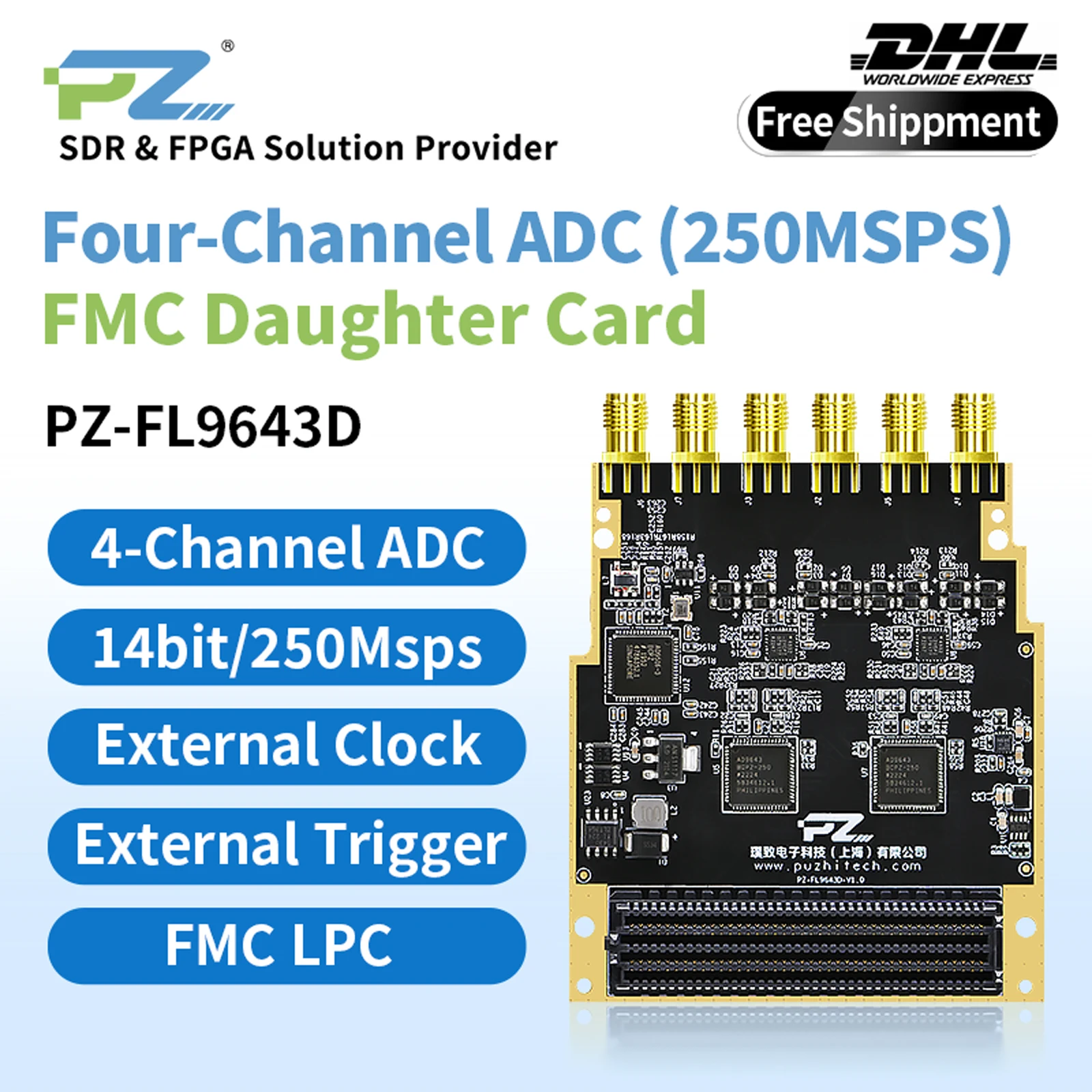 

Puzhi PZ-FL9643D FMC Daughter Card Four-channel High-speed ADC 14bit 250MSPS AD9643 LPC FMC Board LVDS