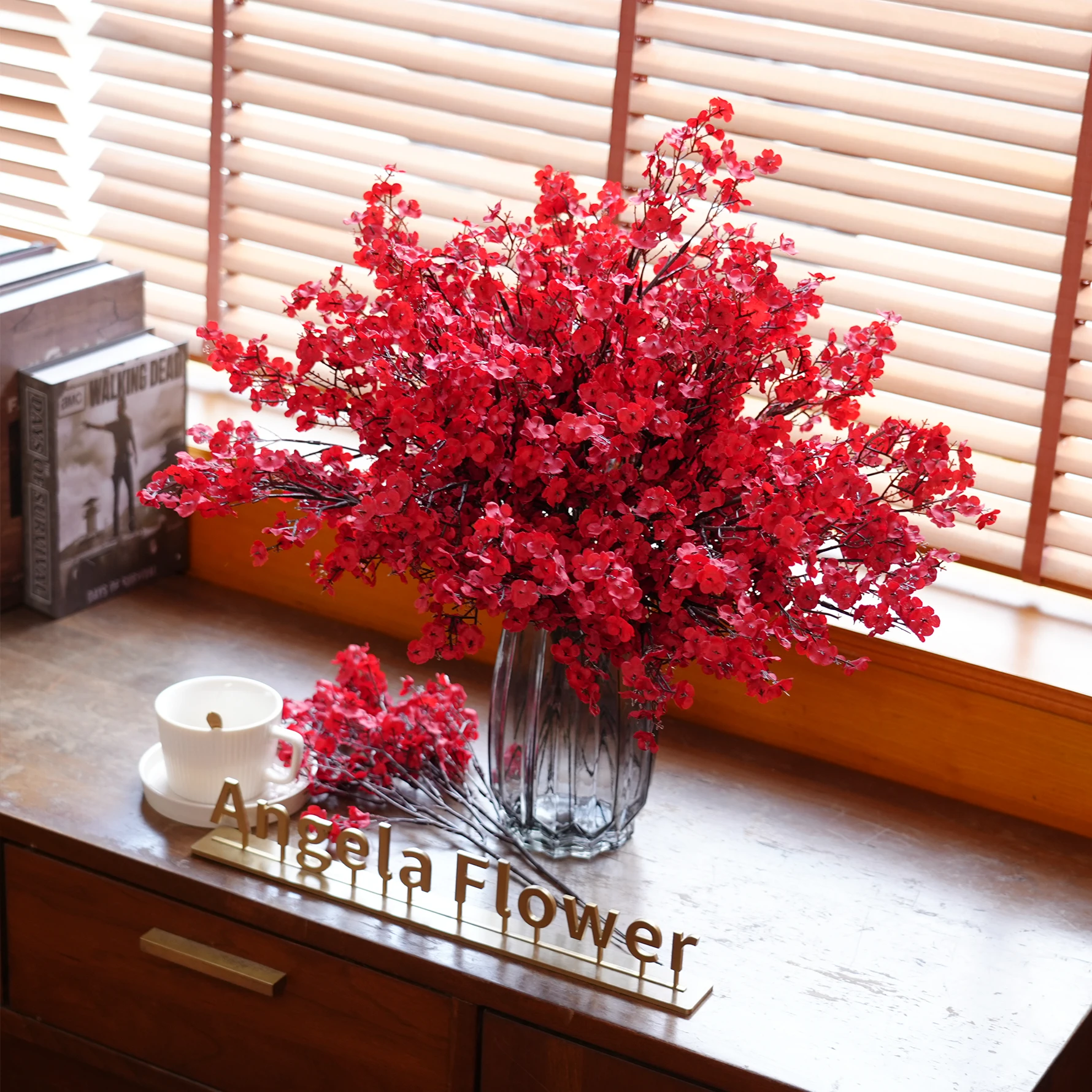 رومانسية الأحمر Babysbreath زهرة فرع الزفاف باقة اليد الدعائم المنزل الجدول الديكور اكسسوارات نافذة عرض A3910