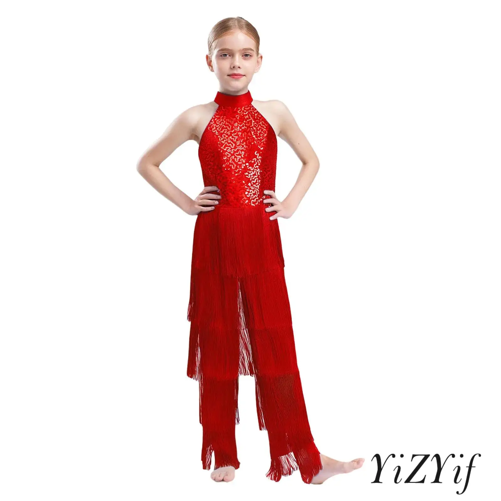 

Kids Girls Cha-cha Samba Salsa Latin Dance Outfit Halter Sleeveless Backless Bodysuit Gymnastics Latin Jazz Jumpsuit Dancewear