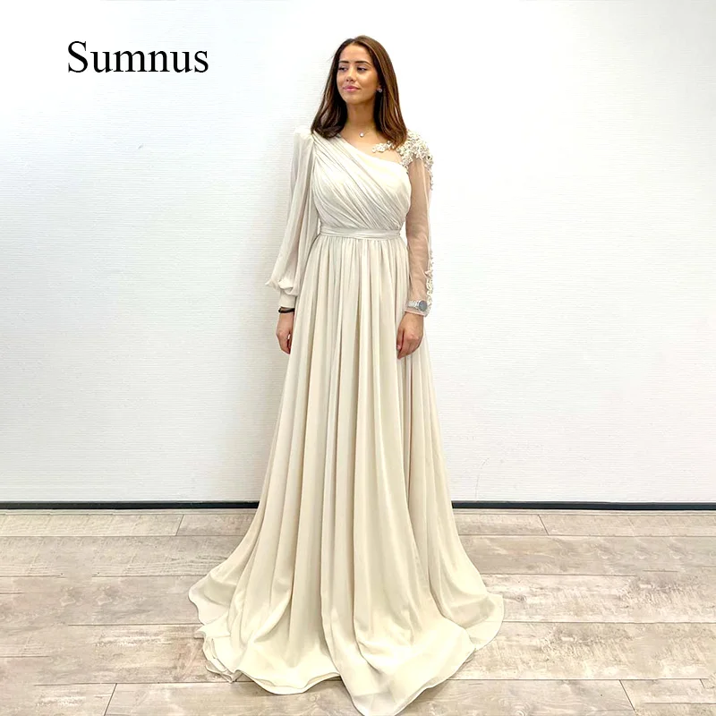 Sumnus Elegant Saudi Arabic Evening Dresses Beads Appliques Long Sleeve Formal Gowns Chiffon Side Slit Dubai Prom Party Dress