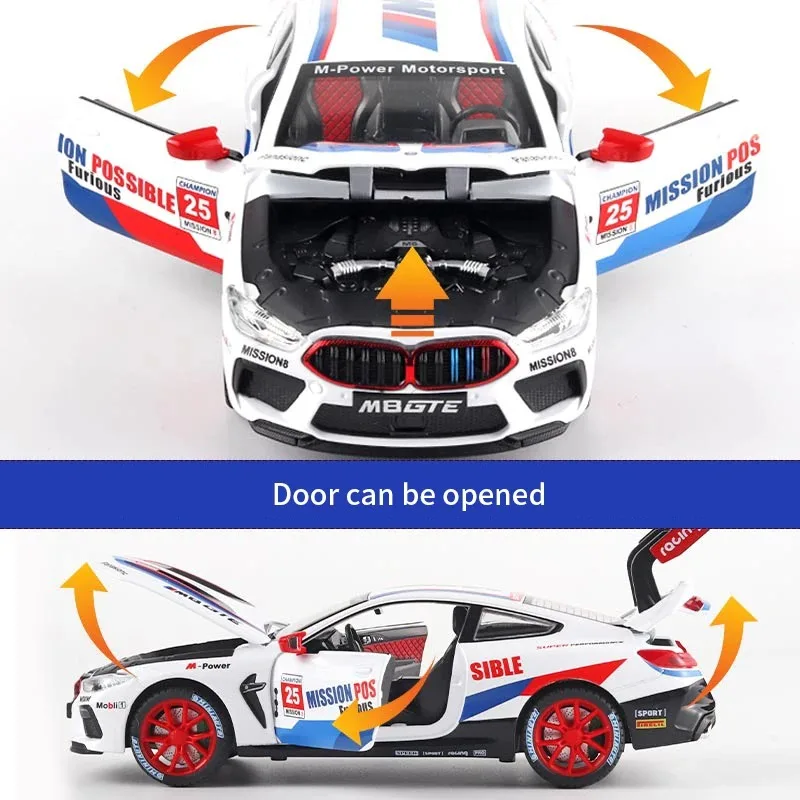 1:24 BMW M8 GTE voiture de course en alliage moulé sous pression modèle son lumière retirer jouet modèle ordinateur ornements décoratifs enfants jouets cadeau
