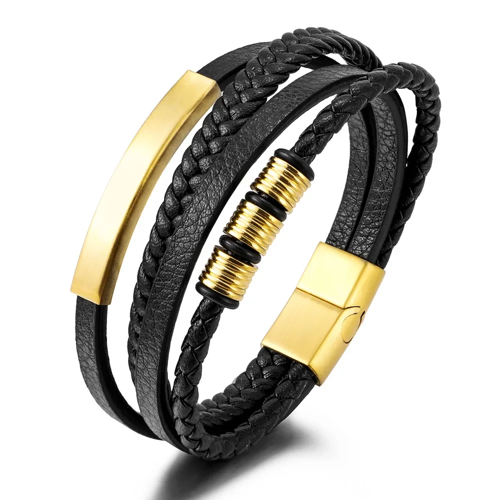 

Light luxury fashion hand-woven leather stainless steel charm bracelet for men, magnetic clasp bangle