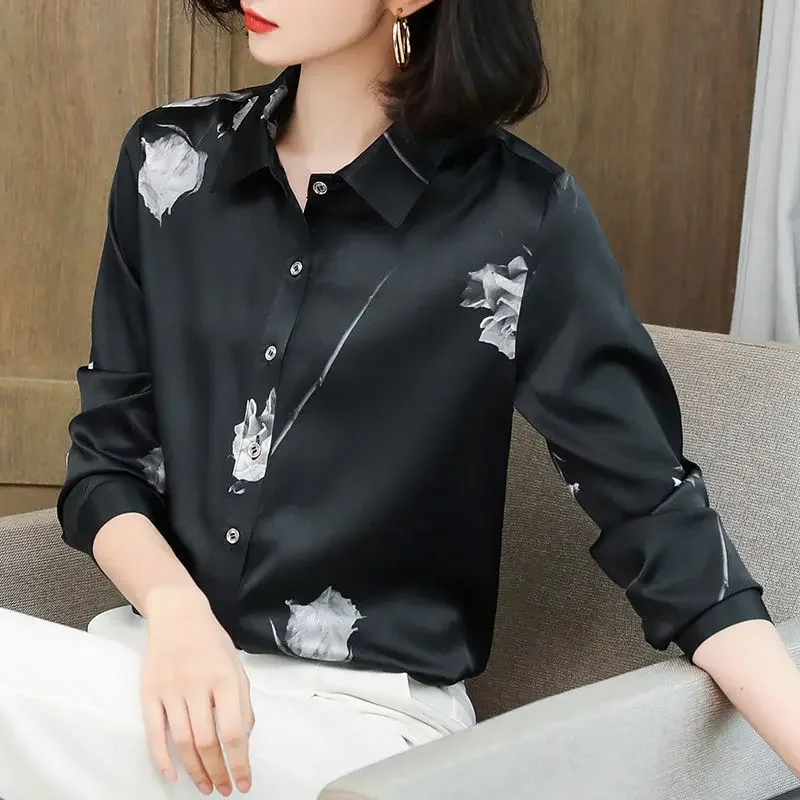 Elegant Fashion Printing Rose High-end Blouse Women New Long Sleeve White Single-breasted Office All-match Lady Shirt 2024 a266