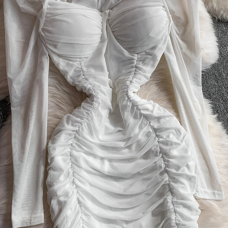 Sexy Quadrat Kragen Langarm Kleid Frauen Sommer Weiß Mesh Plissee Schlank Warp Hüften Kleid Dame Kurze Party Kleider