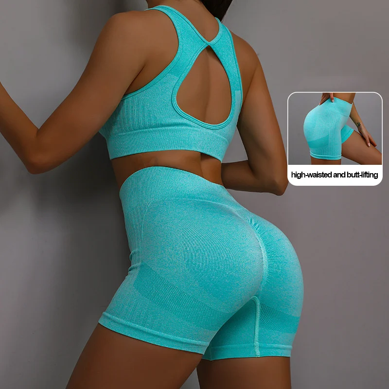 Women's Sports Fitness Yoga Suit Set Breathable Elastic Shorts Peach Bottom Smiling Face Design Beautiful Back Bra Yoga Pant view 5