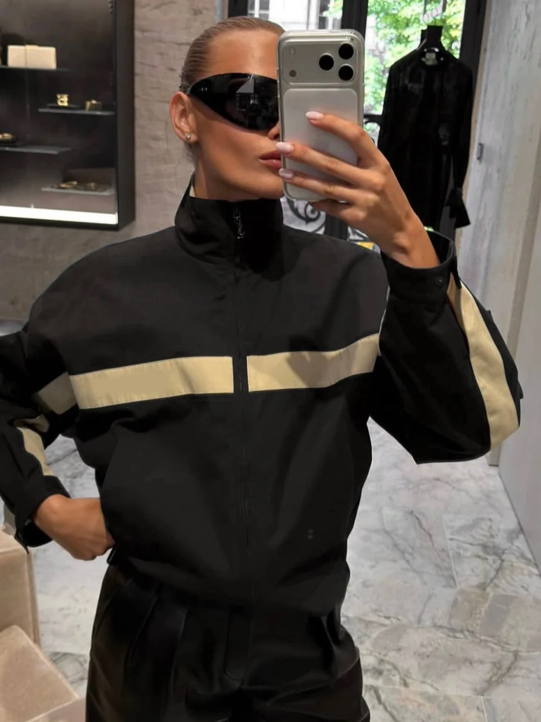 Casual Loose Baseball Jacket Color Block Design Women's Top Unisex Cotton Polyester Blend Long Sleeve Zipper Closure Stripe P...