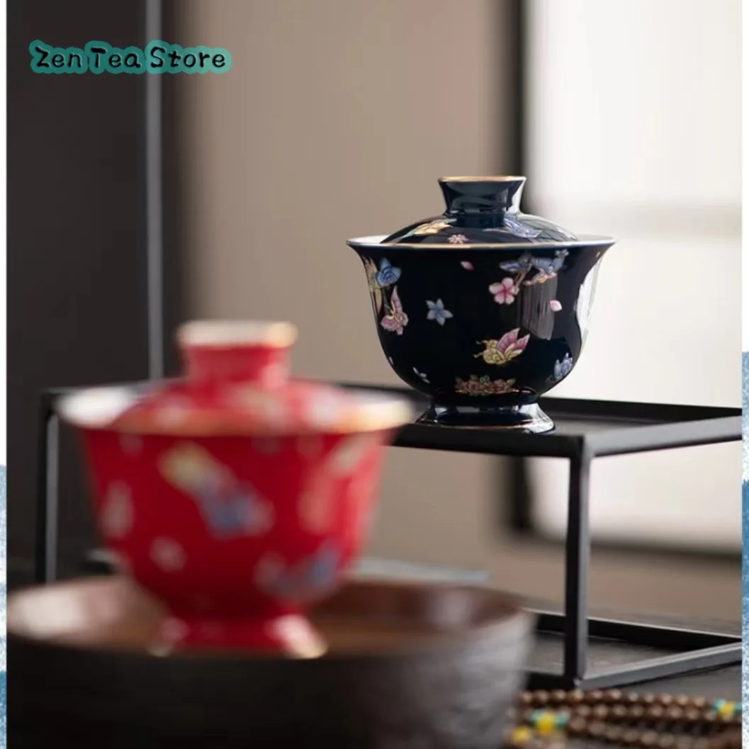 Butterfly Flower Cover Bowl Teacup Set Worship Teacup Bowl Gift Box Single Kung Fu Tea Set Ceramic Anti-scalding Tea Infuser