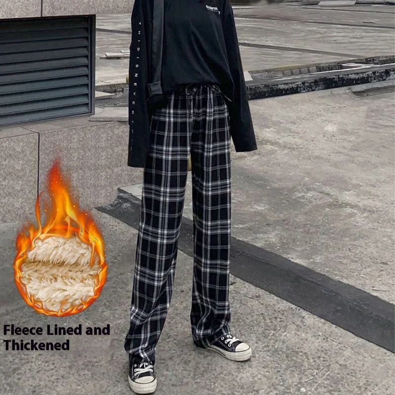 LF Fashion Warm Plush Pants Cashmere Thick Plaid Ladies Winter Casual Loose Wide-legged Pants Korean Streetwear Students Women's