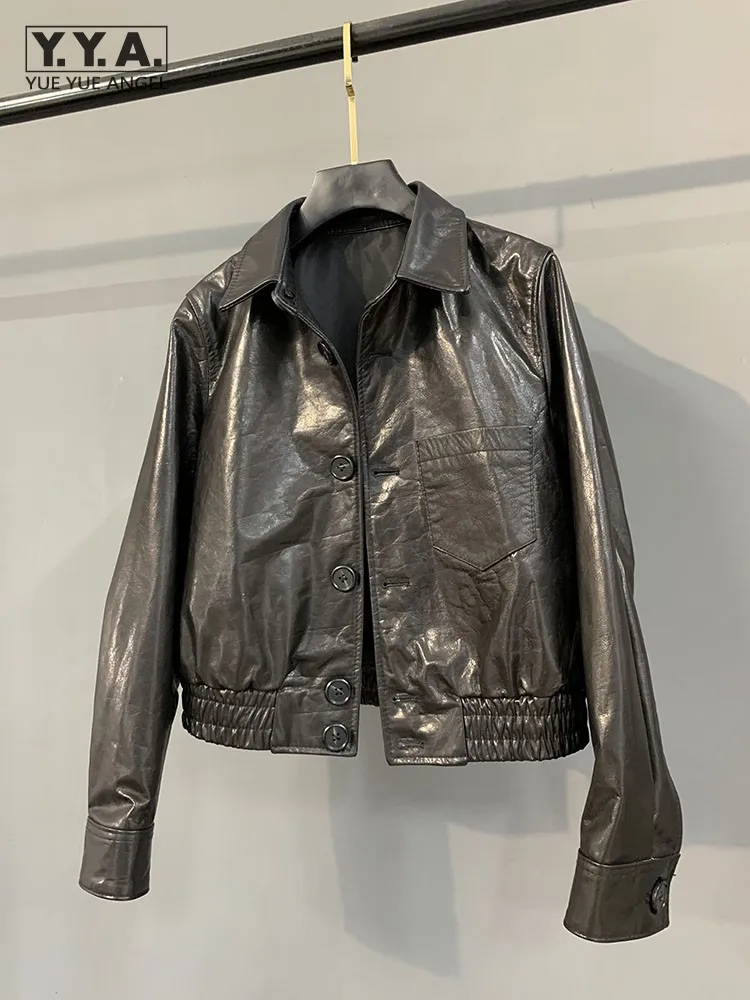 New Fashion Autumn Women Single Breasted Genuine Leather Jacket Loose Fit Oil Wax Turn Down Collar Office Lady Casual Outerwear