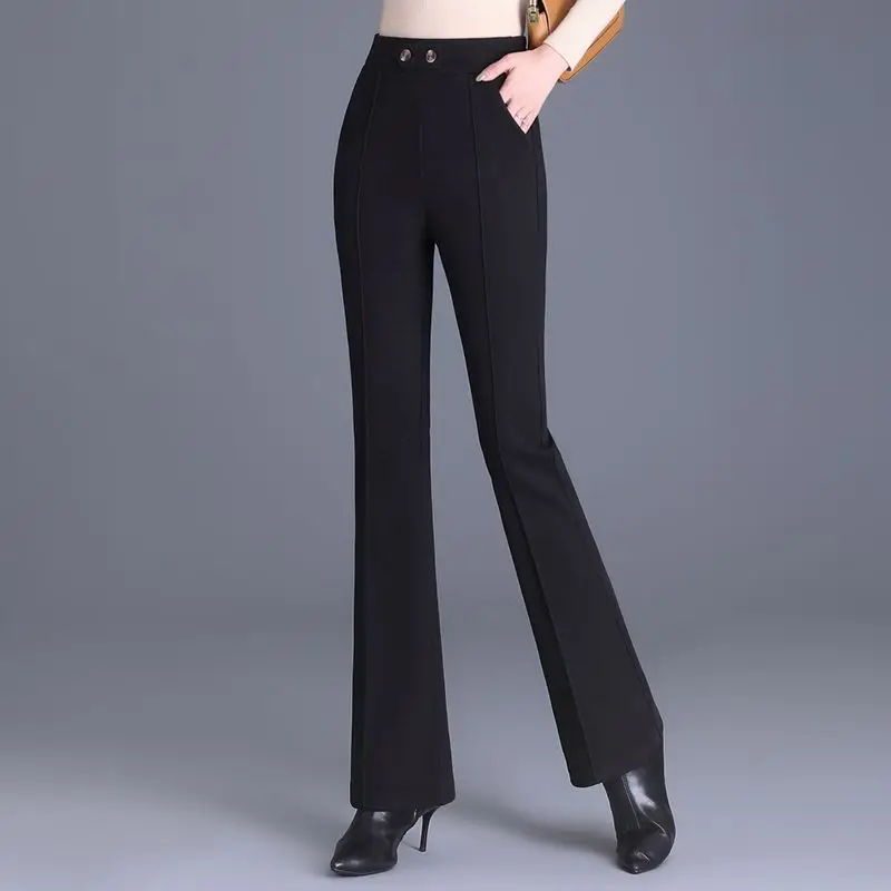 Flare Autumn Winter High Waist Pants Casual Elegant Elastic Waist Boot Cut Solid Color Office Lady Elastic Slim Trousers 2024