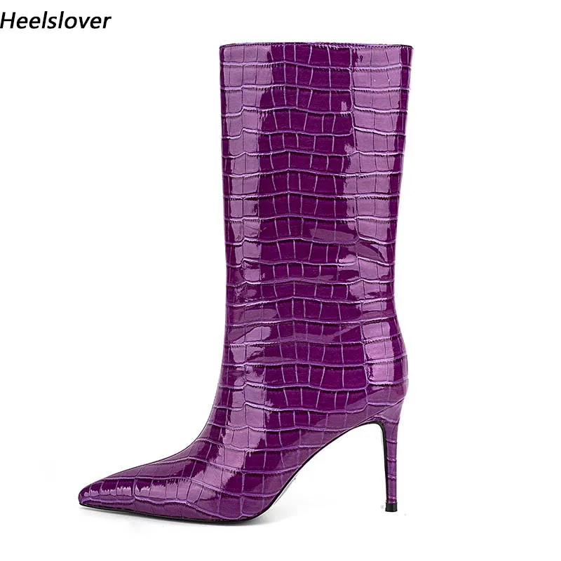 

Ahhlsion New Women Winter Mid Calf Boots Sexy Thin High Heels Pointed Toe Gorgeous Purple Party Shoes Ladies US Size 5-13