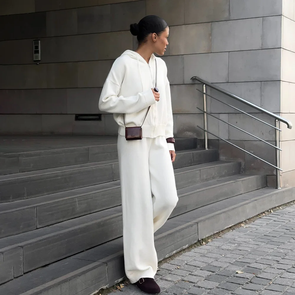 Sports Style Hooded Zipper Cardigan Wide Leg Pants Suit Autumn and Winter Women's Lazy Style Loose Thick Warm Jacket Pants 2Pcs view 2