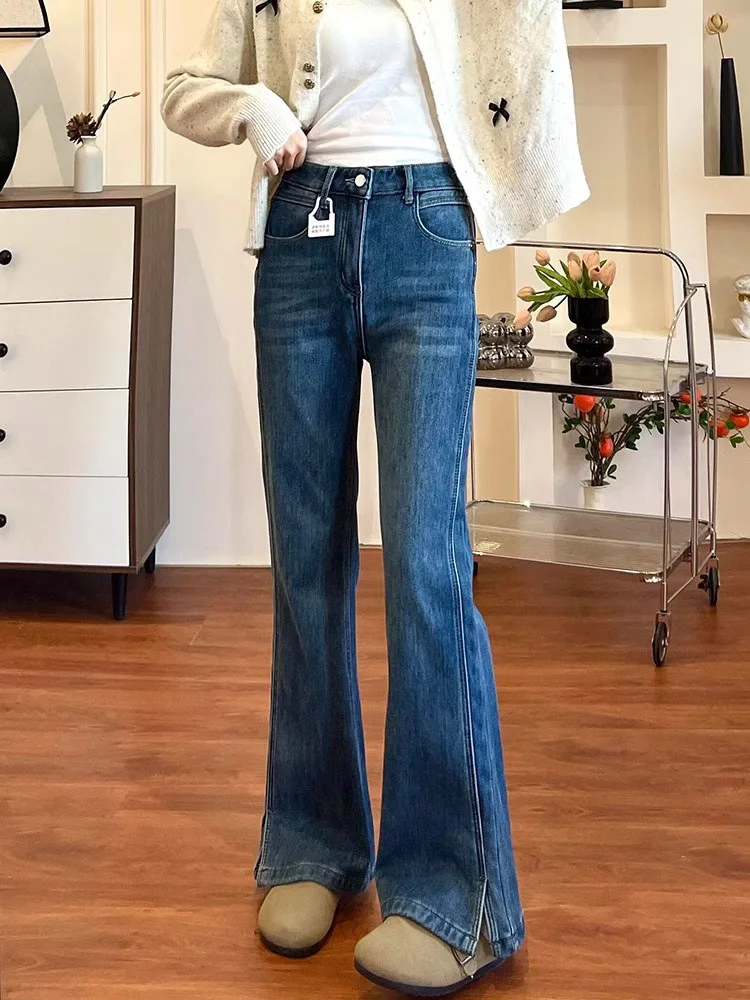 

Джинсы-колокольчики больших размеров с высокой талией, женские весенне-осенние износостойкие длинные леггинсы, повседневные джинсовые брюки в американском стиле