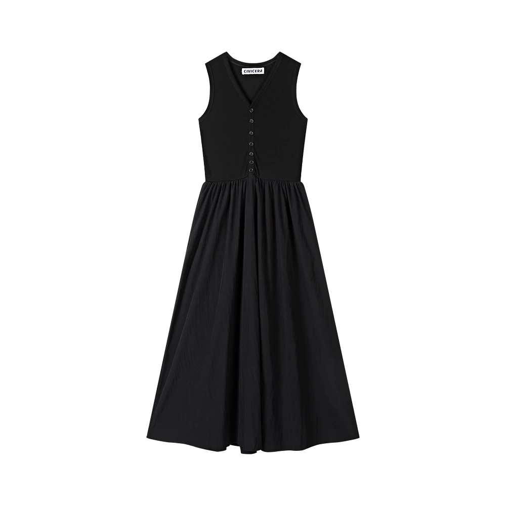 Women New V-neck Sleeveless Dress Elegant Casual Waist Vest A-line Long Skirt Women Clothes