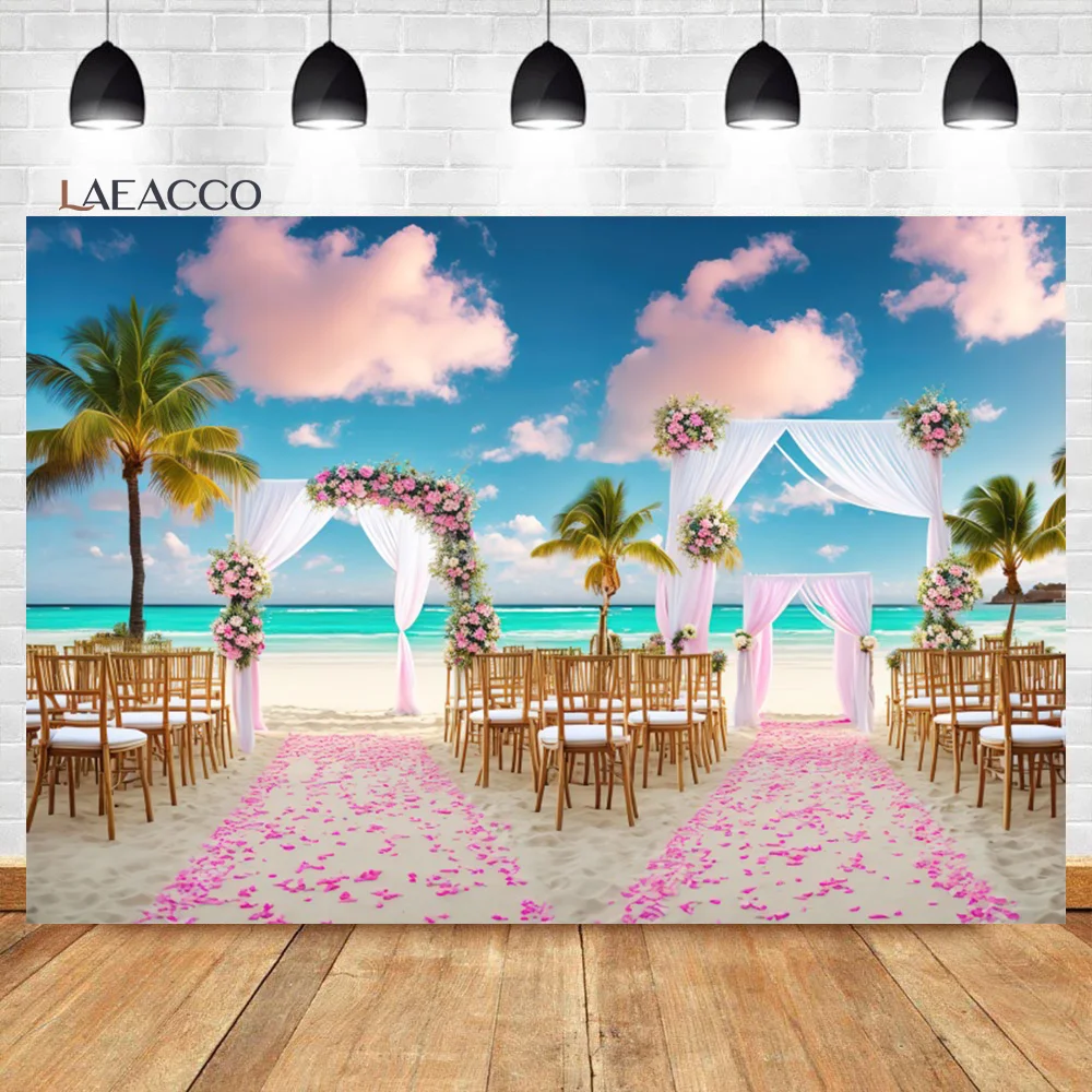 

Laeacco Seaside Rustic Engagement Ceremony Backdrop Wedding Arch Pink Floral Bouquets Couples Portrait Photography Background