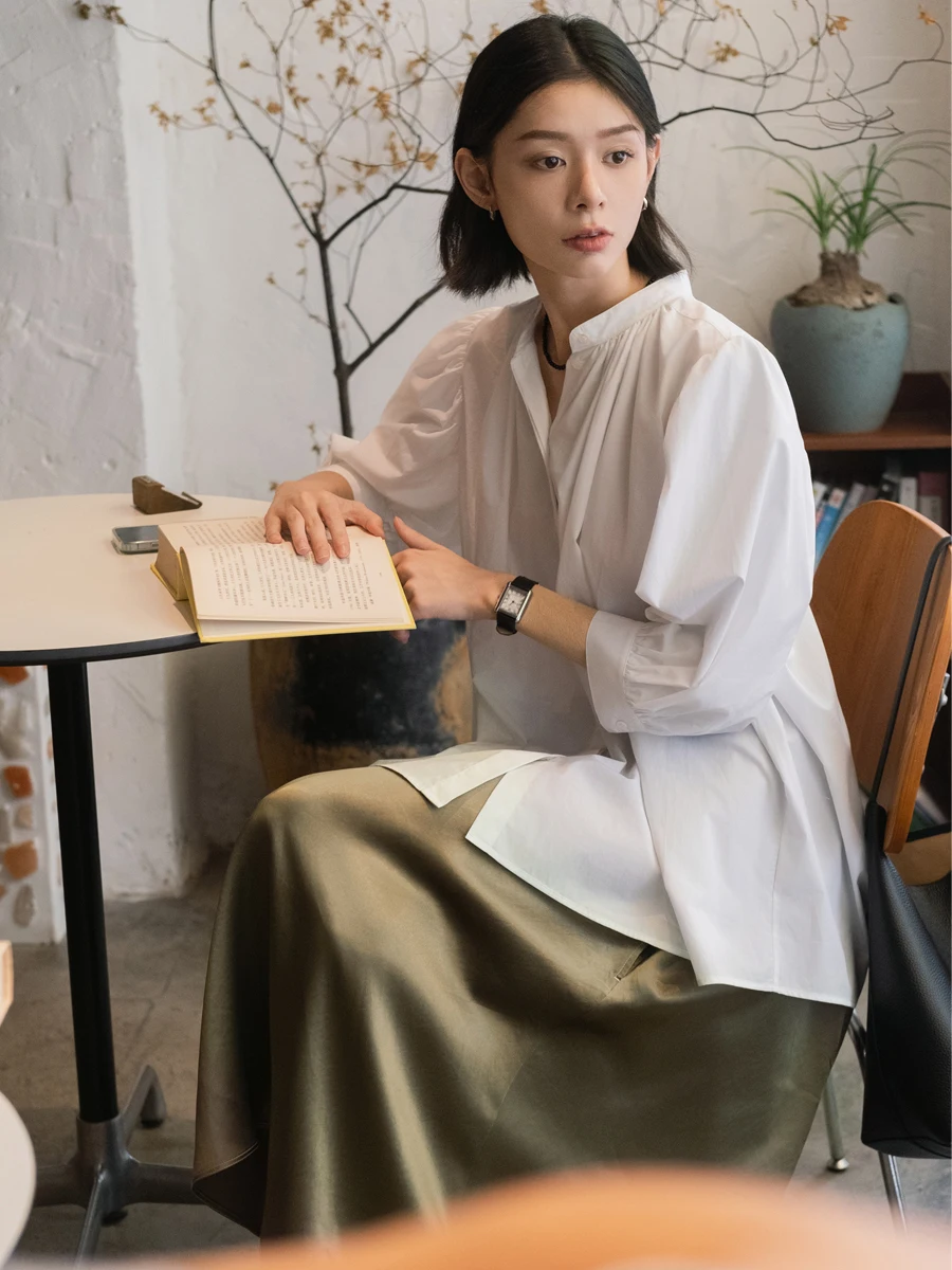 

Sweet Bubble Sve irt с воротником-стойкой, плиссированные, хлопковые, французские, свободные, женские, удобные, приятные для кожи, S...