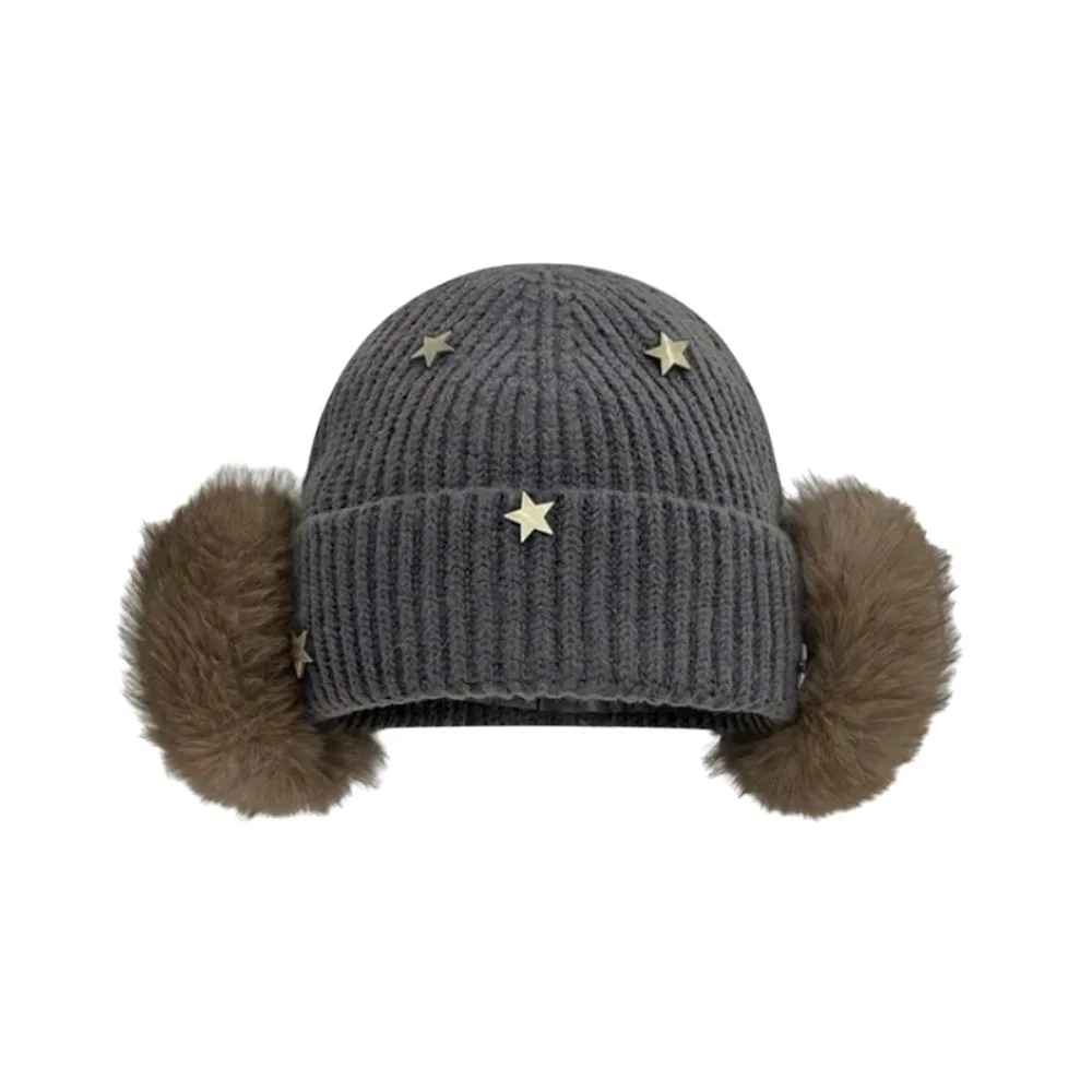 Soft Windproof Star Knitted Beanie Hat Warmth Knit Windproof Cap Cuffed Design Korean Style Ski Beanie Cap Winter