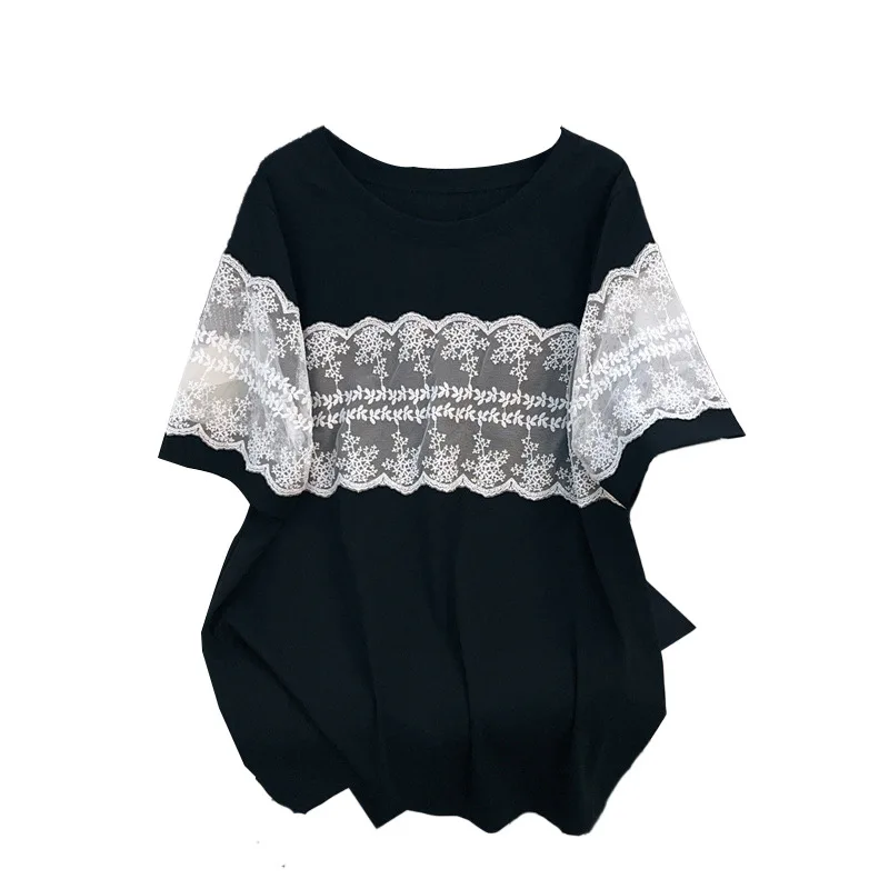 170kg plus size busto feminino 170 verão solto em torno do pescoço manga curta renda camiseta preto branco 4xl 5xl 6xl 7xl 8xl 9xl