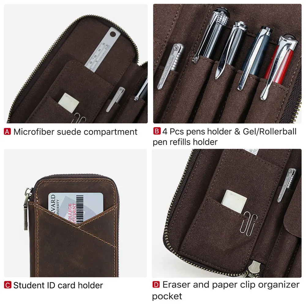 Eleganckie etui na długopisy z wysokiej jakości skóry licowej, zamykane na zamek, 4 przegródki, organizer na długopisy, wielofunkcyjna kieszeń na przybory biurowe, skórzana torba na długopisy, idealny prezent. — zdjęcie produktu 5