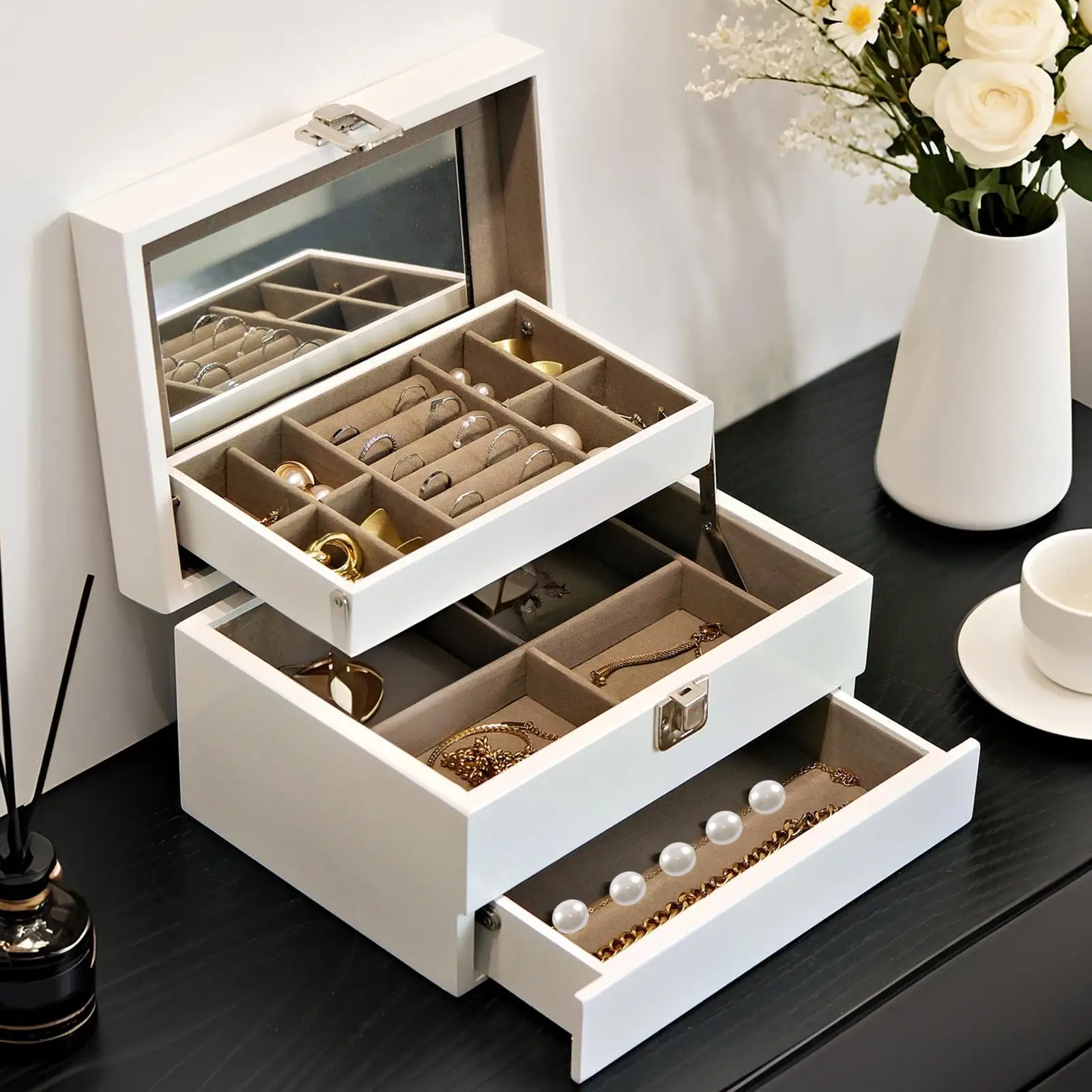 

Jewelry Case Wooden Secure Locking Multipurpose Space Saving 3 Drawer Ring Tray for Vanity Table Dresser Bracelets Necklace
