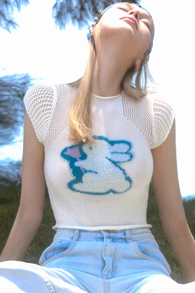 

Slim Fit Knitted Rabbit Pattern Sweater Top Vintage American Sle Hot Girl ort Sve round Ne Summer Women's Faion