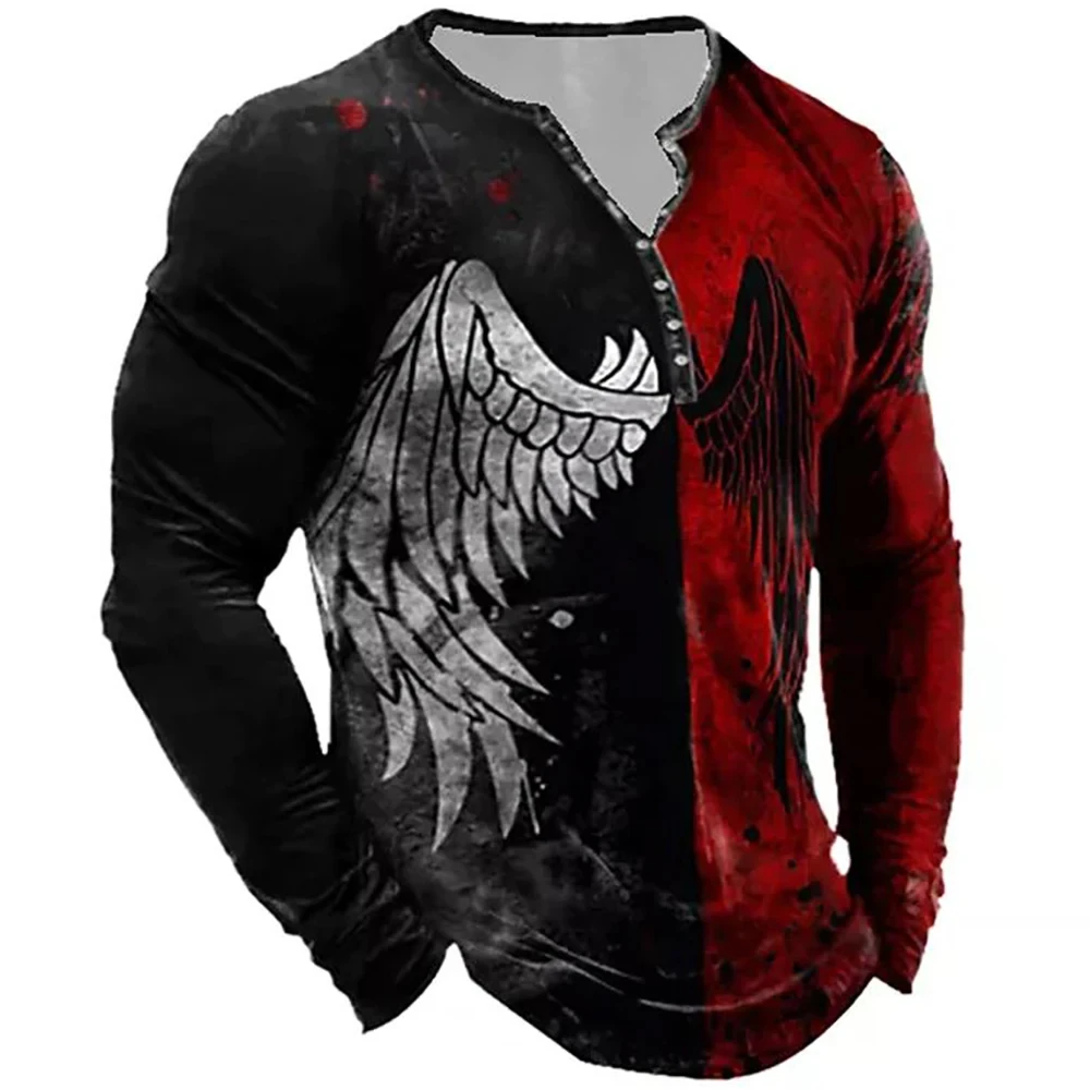 Men\'s Retro 3D Black and White Double Wing Print Casual Long Sleeve Men\'s Loose Oversized V-Neck Comfortable Sweatshirt 4Xl