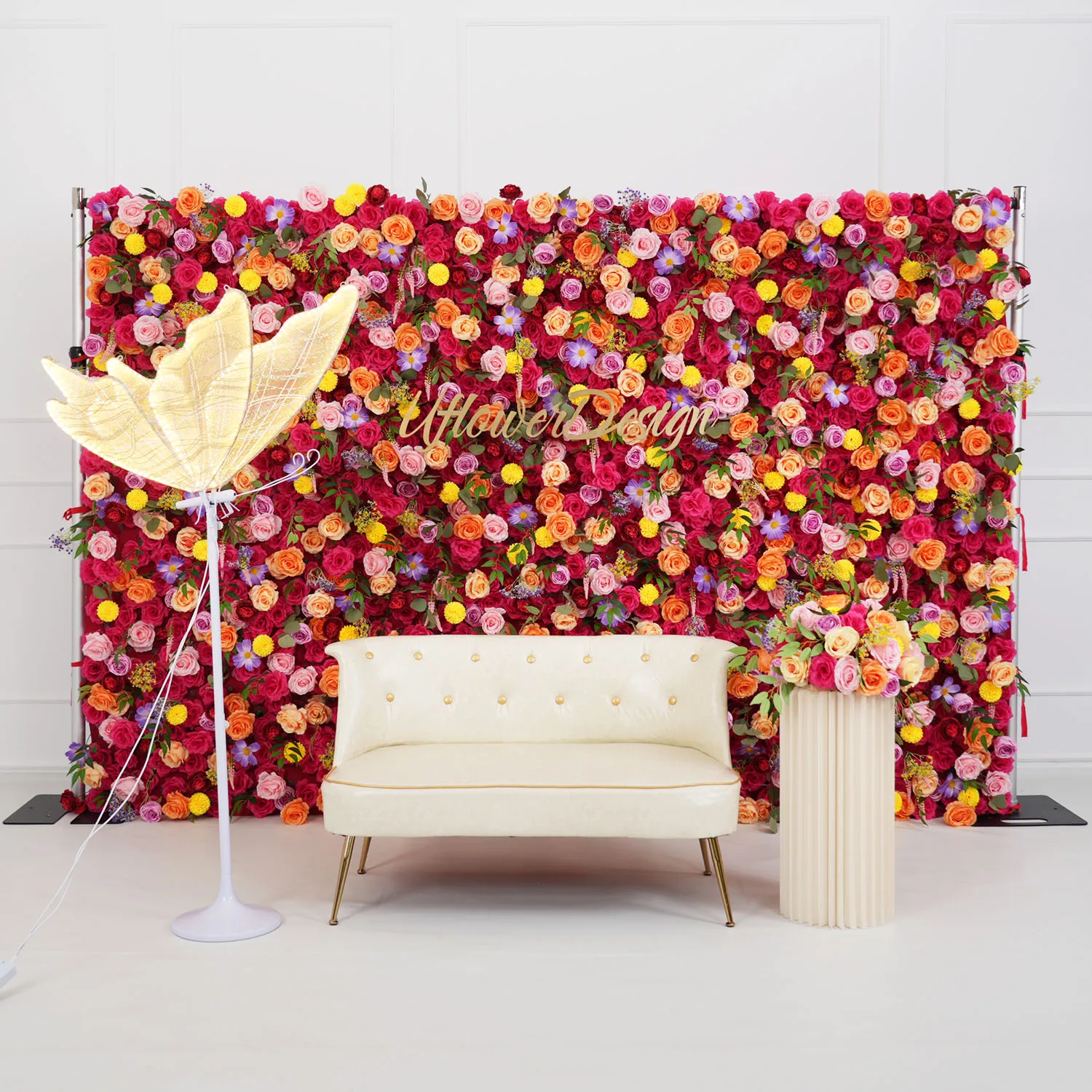 

Uflower Luxury 3D Red Yellow Rose Flower Wall Outdoor Arrangement Wedding Party Fabric Curtain Floral Backdrop Decorations