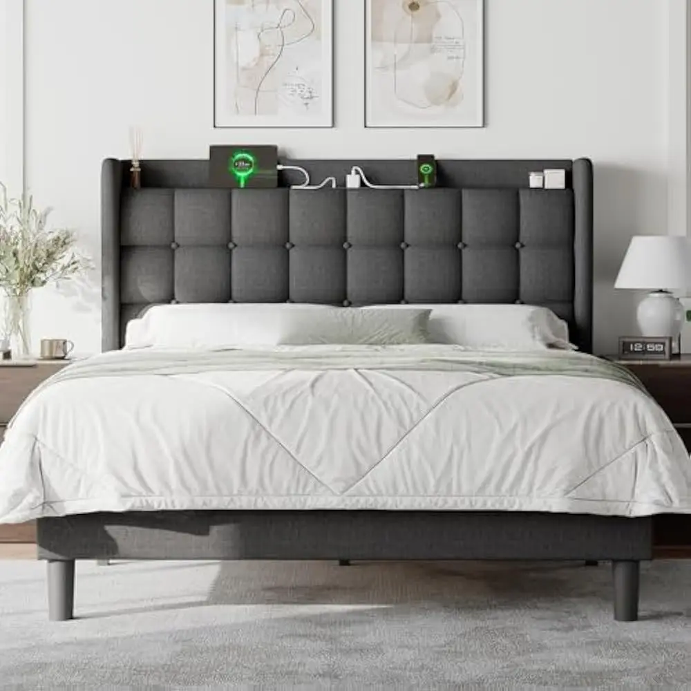 

Queen Size Bed Frame with Charging Station, Platform Frame with Wingback Storage Headboard, No Box Spring Needed, Easy Assembly