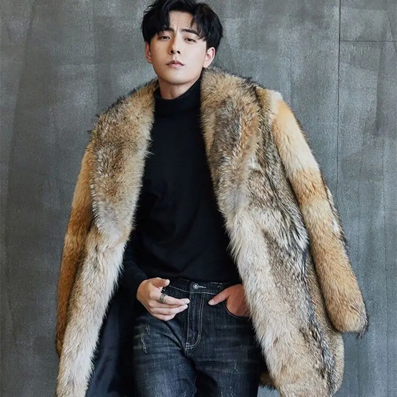 Winter New Men's Long Wolf Fur Grass Coat Body Mink Overcoat Handsome Trend Loose Keep Warm Clothes Male Singer Stage Costumes