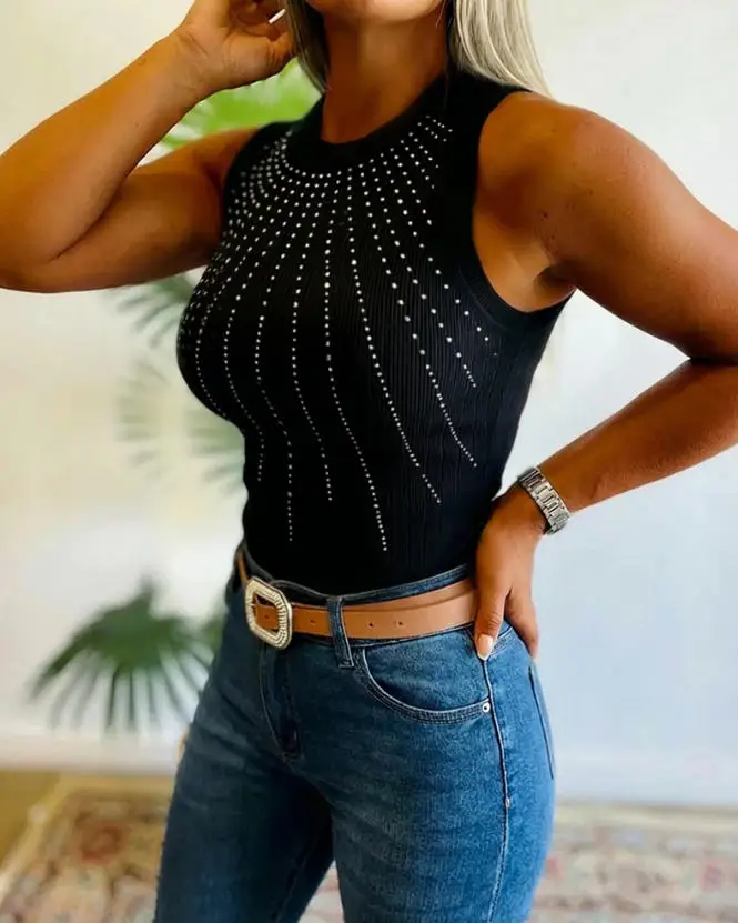 

Women Top 2026 Spring Summer New Solid Color Rhinestone Decor O-Neck Sleeveless Tank Slim Fit Ribbed Casual Tank Top