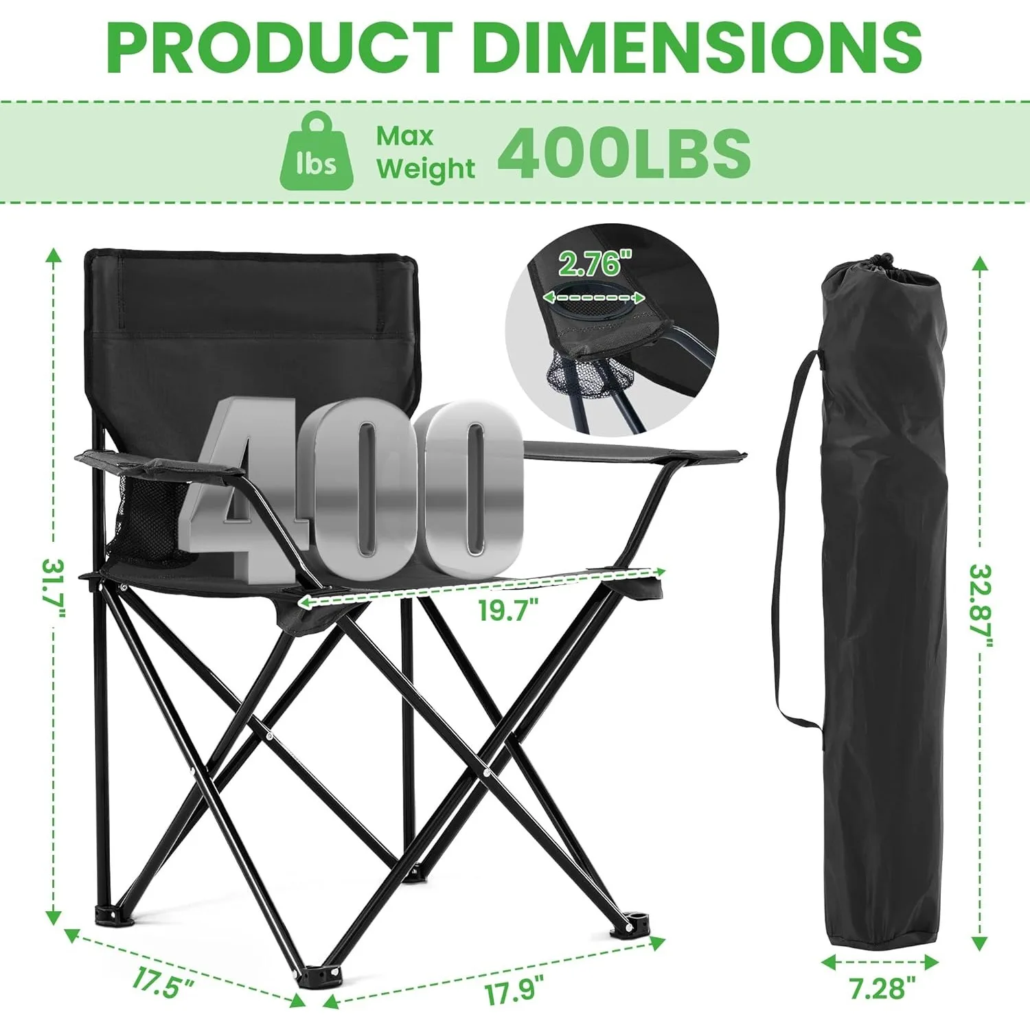 Silla de campamento compacta, paquete de 2, sillas portátiles plegables resistentes para exteriores con portavasos, estuche de transporte para picnic, playa