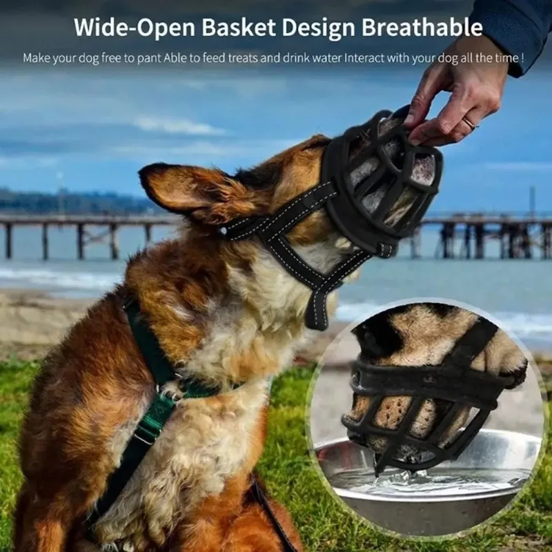 Weiches Silikon-Hundemaulkorb, gegen Beißen, verstellbar, atmungsaktiv, reflektierender Streifen ermöglicht Trinkwasser für große Hunde, Dobermann-Bulldo